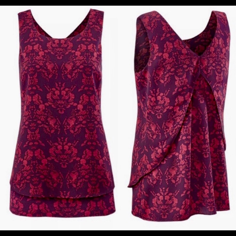 New cabi Cameo Top. Plum Purple and Red Printed Blouse Size L